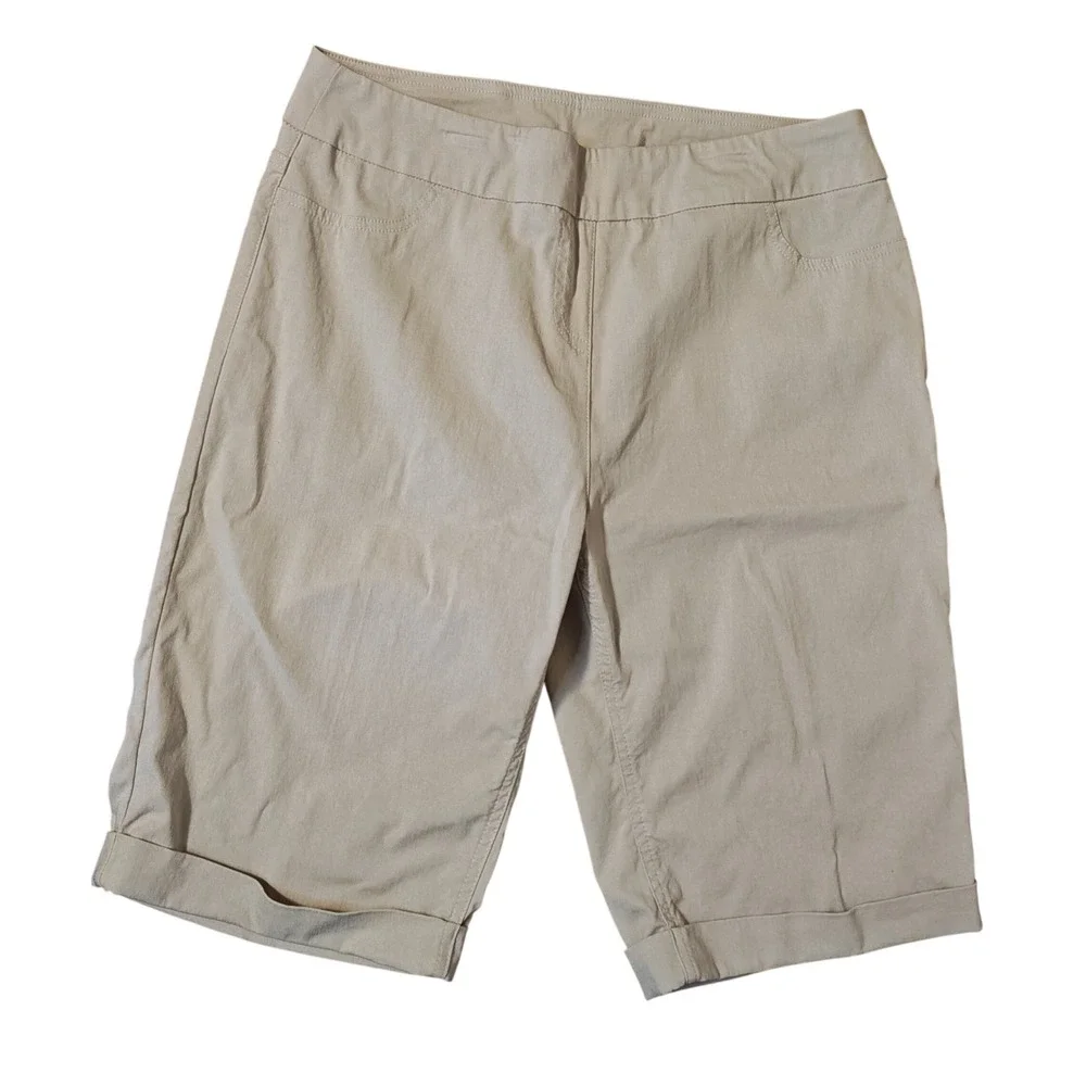Soft Surroundings Bermuda Shorts Women 10 Khaki Tan Pull On Tummy Control Cuffed